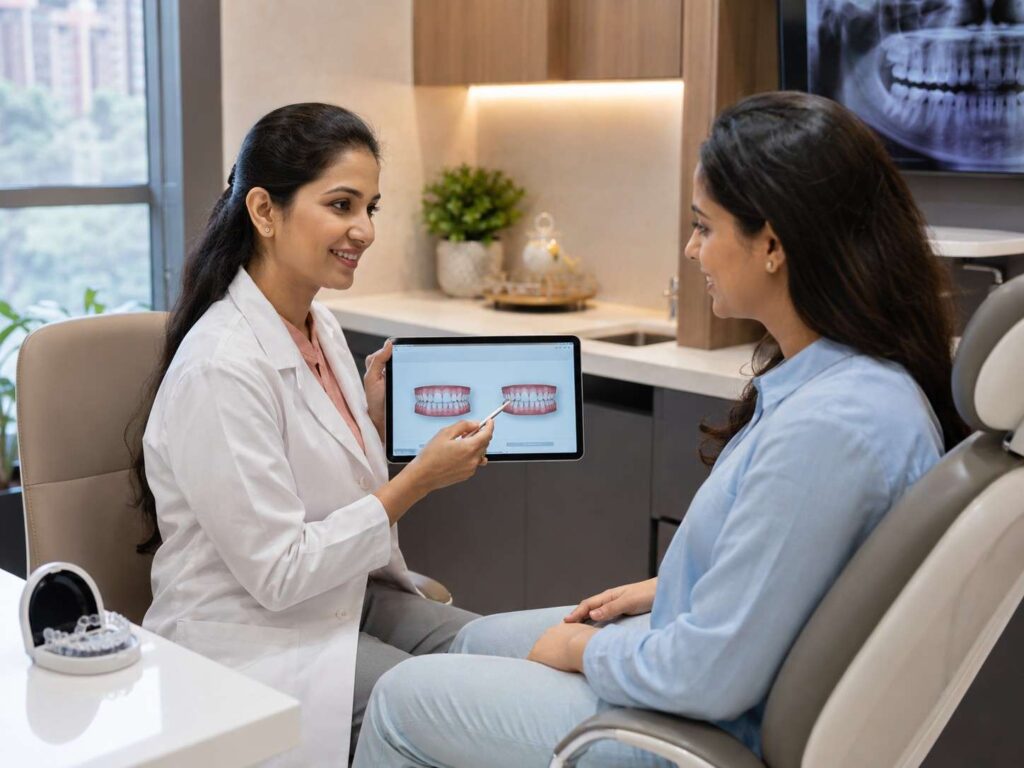 Dentist explaining clear aligner treatment to patient in Gurugram